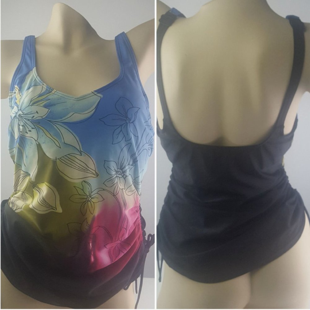 Christina Tankini Top Women's swimsuit black floral pattern wired sz 8D